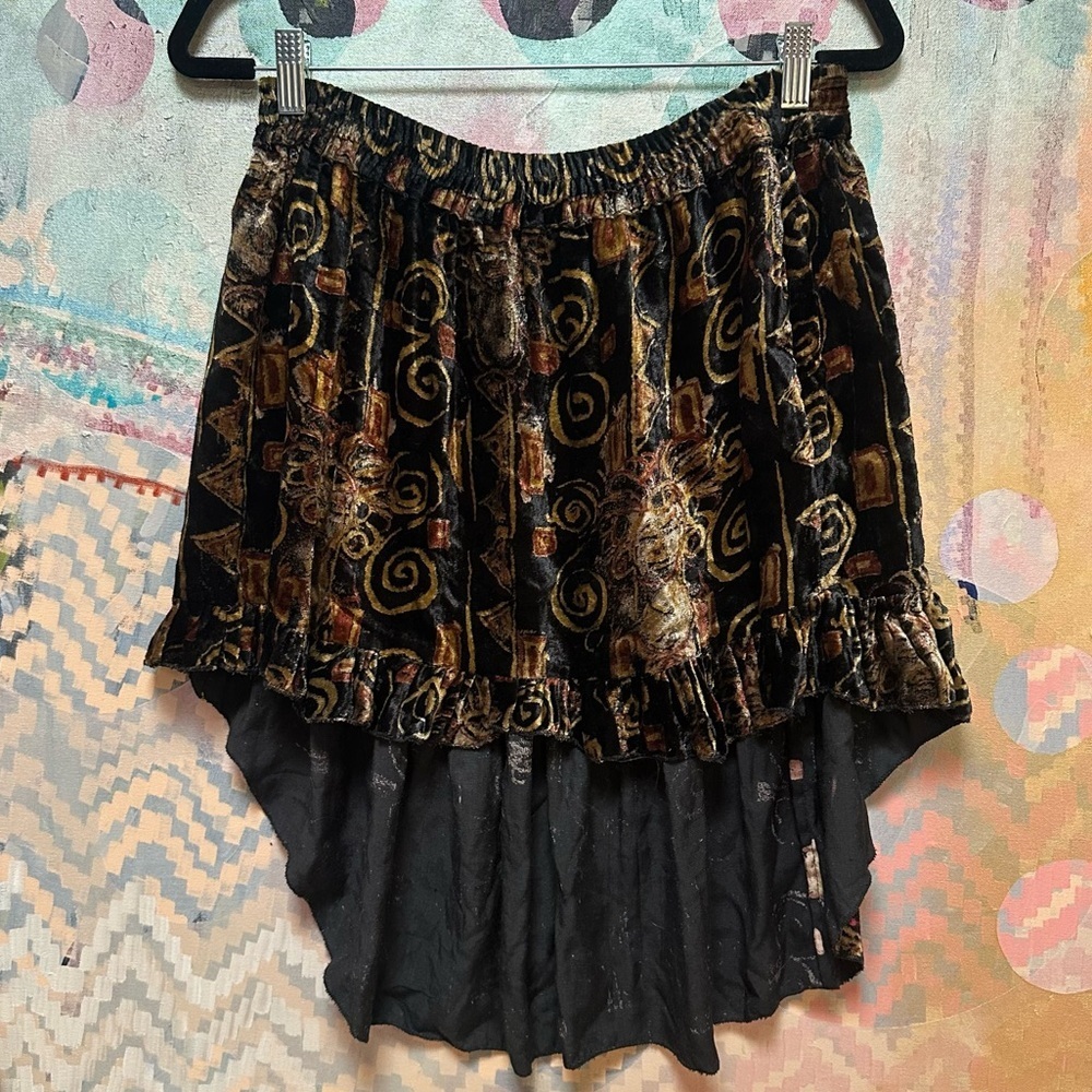 Vintage 1970s Velvet Psychedelic print ruffle miniskirt size L